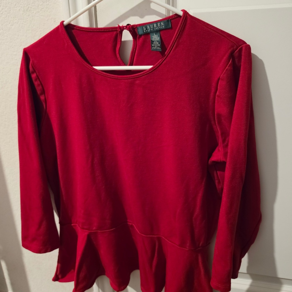 Lauren Ralph Lauren Red Peplum Blouse 3/4 Sleeve Keyhole Back Size L